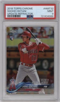 Shohei Ohtani from the 2018 Topps Chrome Update  set featuring a Refractor parallel graded by PSA and given an overall grade of 9.