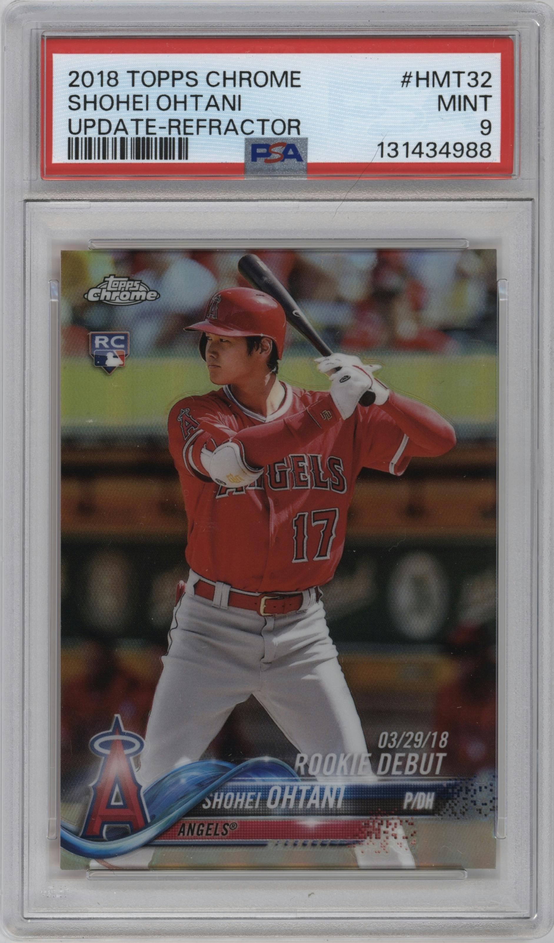 Shohei Ohtani from the 2018 Topps Chrome Update  set featuring a Refractor parallel graded by PSA and given an overall grade of 9.
