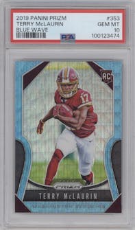 Terry McLaurin from the 2019 Panini Prizm set featuring a Blue Wave  parallel graded by PSA and given an overall grade of 10.