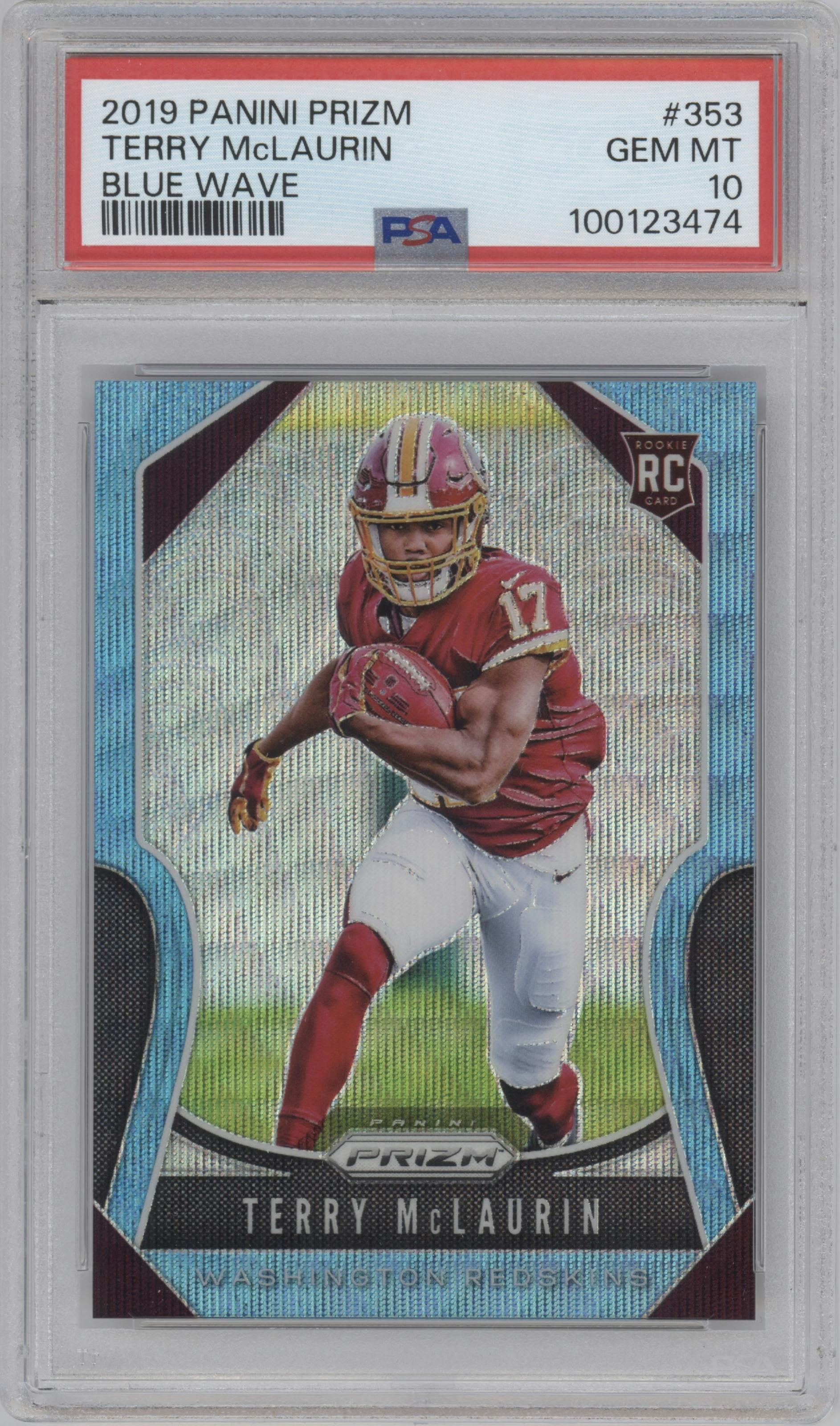 Terry McLaurin from the 2019 Panini Prizm set featuring a Blue Wave  parallel graded by PSA and given an overall grade of 10.
