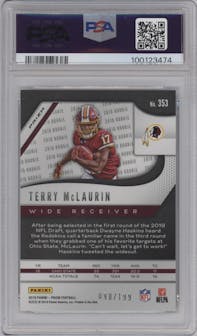 Terry McLaurin from the 2019 Panini Prizm set featuring a Blue Wave  parallel graded by PSA and given an overall grade of 10.