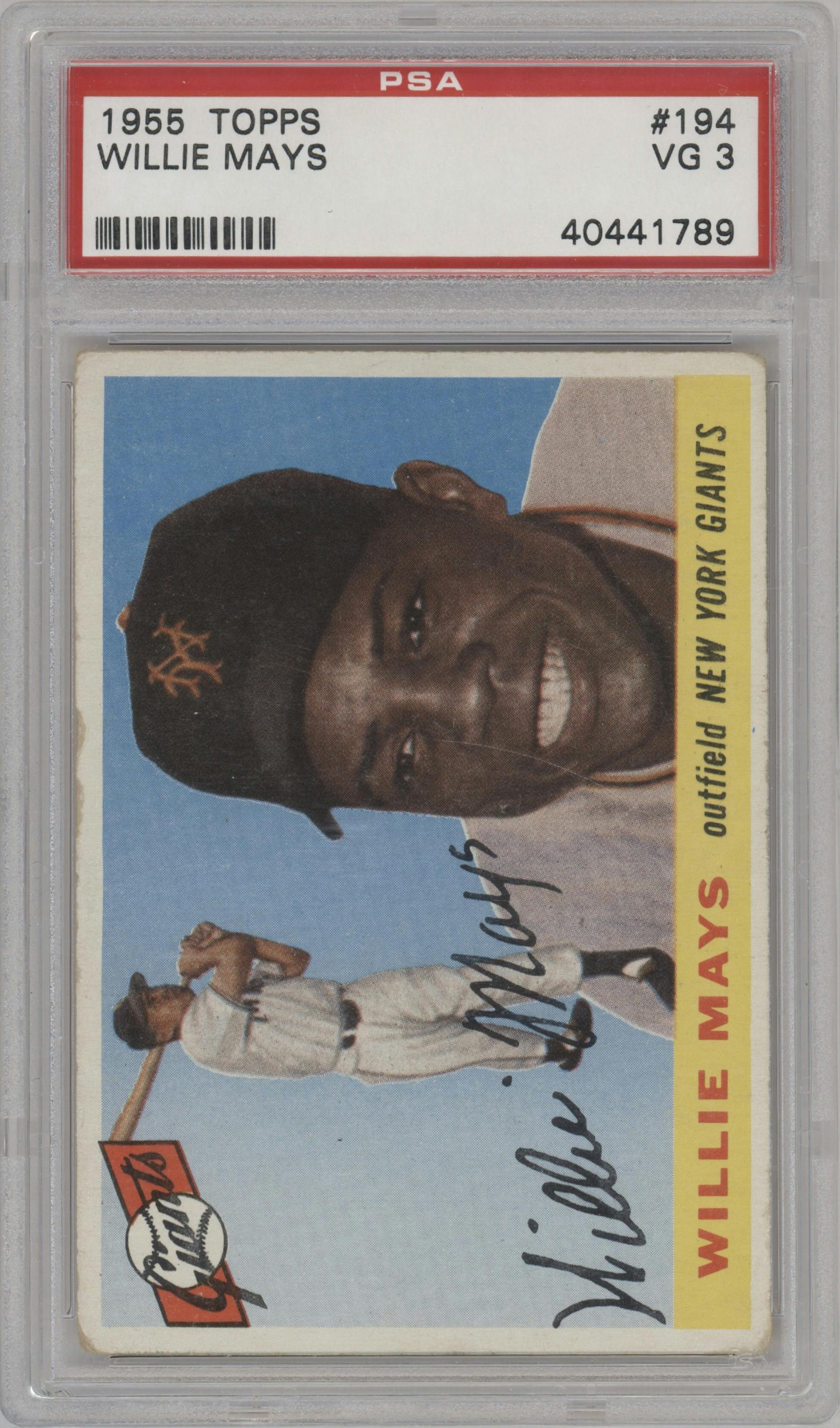 Willie Mays from the 1955 Topps set graded by PSA and given an overall grade of 3.