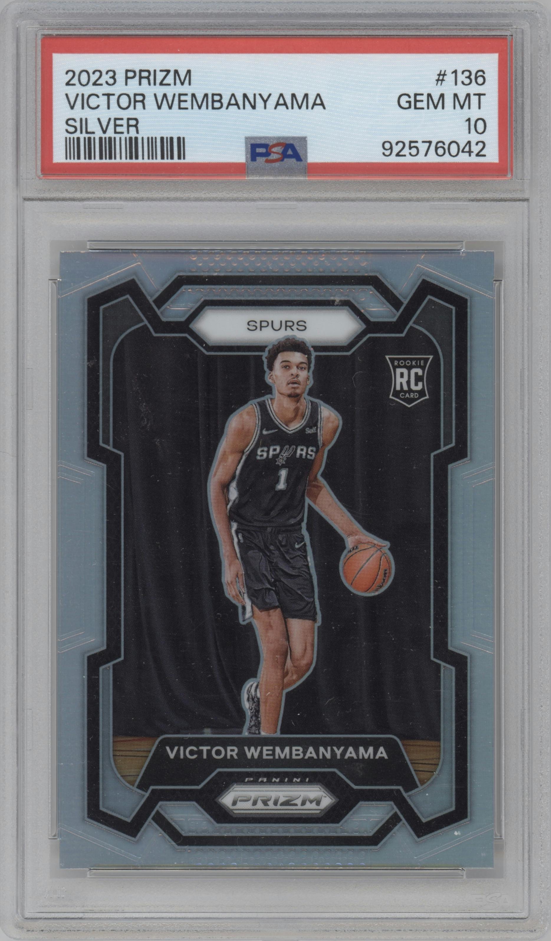 Victor Wembanyama from the 2023-24 Panini Prizm set featuring a Silver Prizm  parallel graded by PSA and given an overall grade of 10.