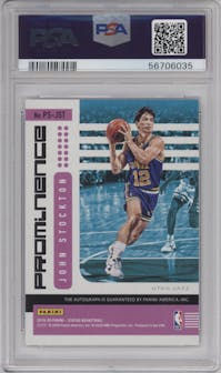 John Stockton from the 2019-20 Panini Status set featuring a Green Escher Squares parallel graded by PSA and given an overall grade of 10.