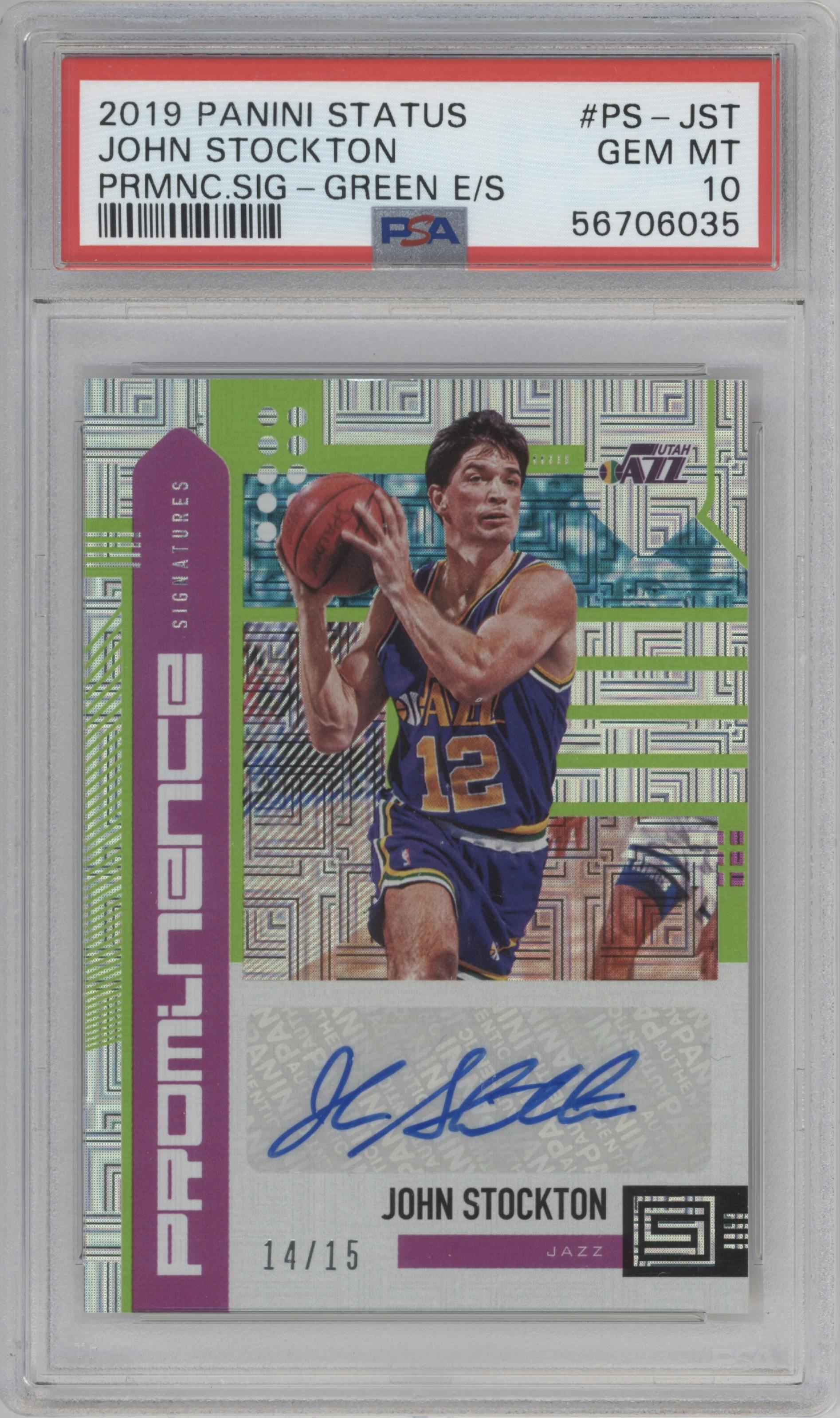 John Stockton from the 2019-20 Panini Status set featuring a Green Escher Squares parallel graded by PSA and given an overall grade of 10.
