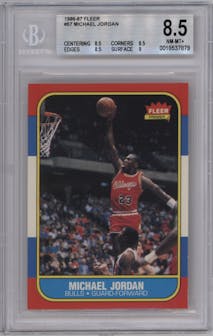 Michael Jordan from the 1986-87 Fleer set graded by Beckett and given an overall grade of 8.5.