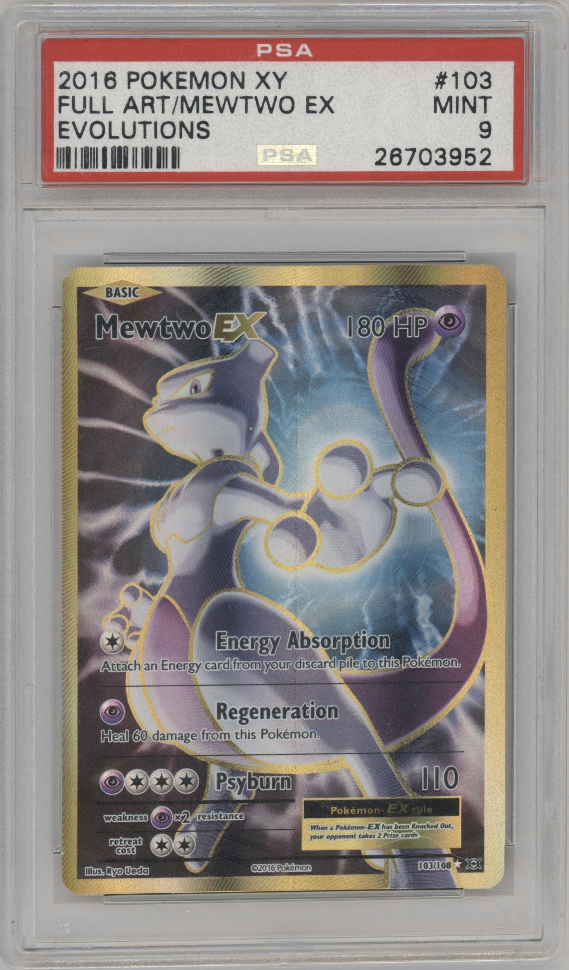 Mewtwo EX from the 2016 Pokemon XY set graded by PSA and given an overall grade of 9.