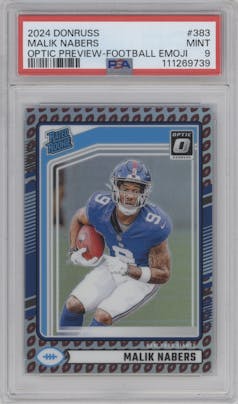 Malik Nabers from the 2024 Donruss set featuring a Football Emoji parallel graded by PSA and given an overall grade of 9.