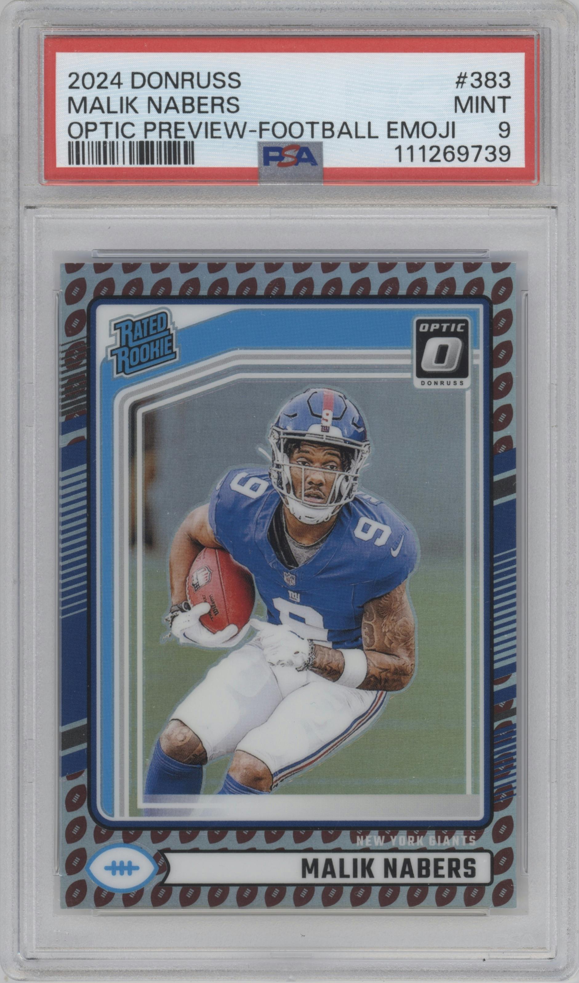 Malik Nabers from the 2024 Donruss set featuring a Football Emoji parallel graded by PSA and given an overall grade of 9.