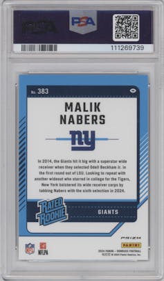 Malik Nabers from the 2024 Donruss set featuring a Football Emoji parallel graded by PSA and given an overall grade of 9.