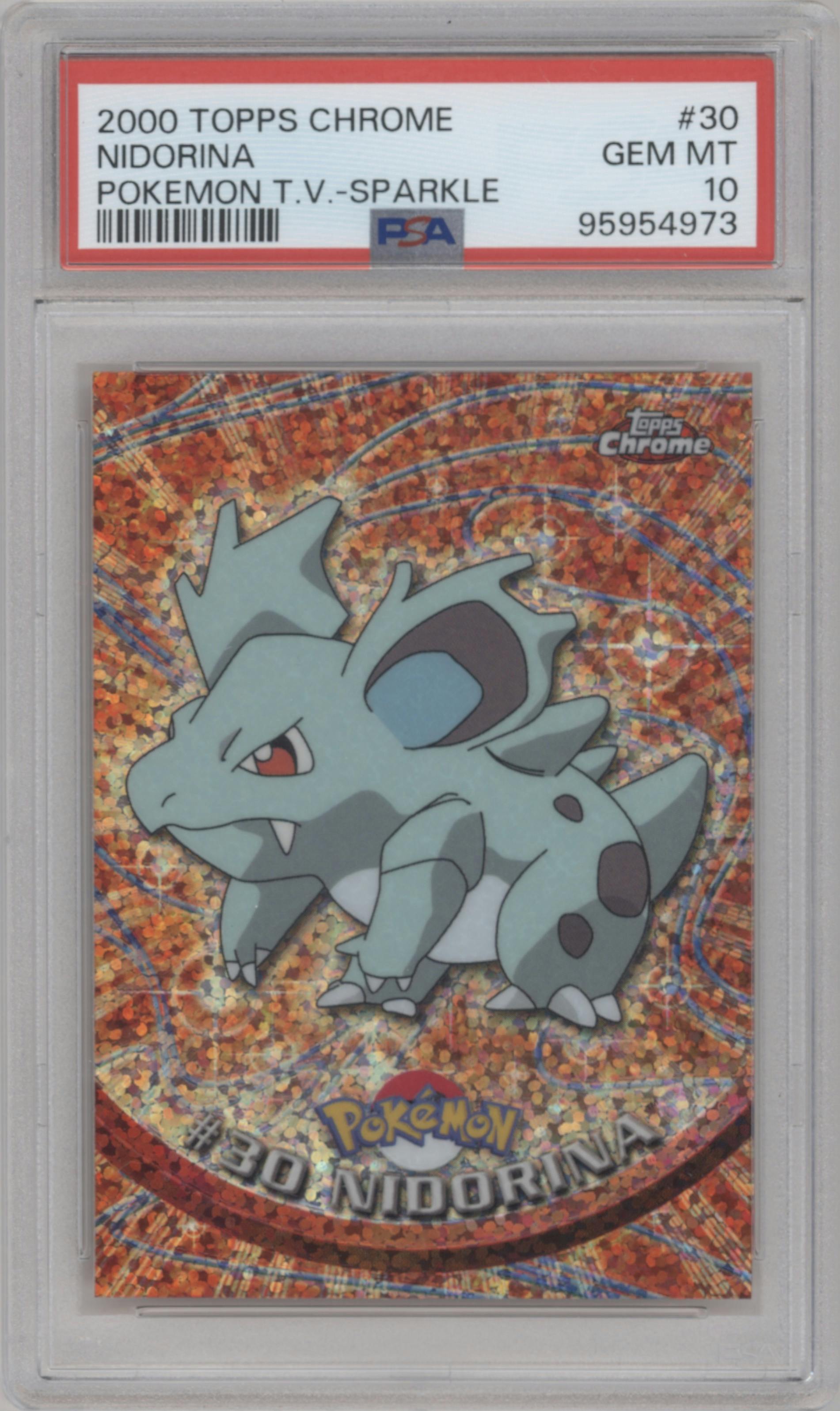 Nidorina from the 2000 Pokemon set featuring a Sparkle parallel graded by PSA and given an overall grade of 10.