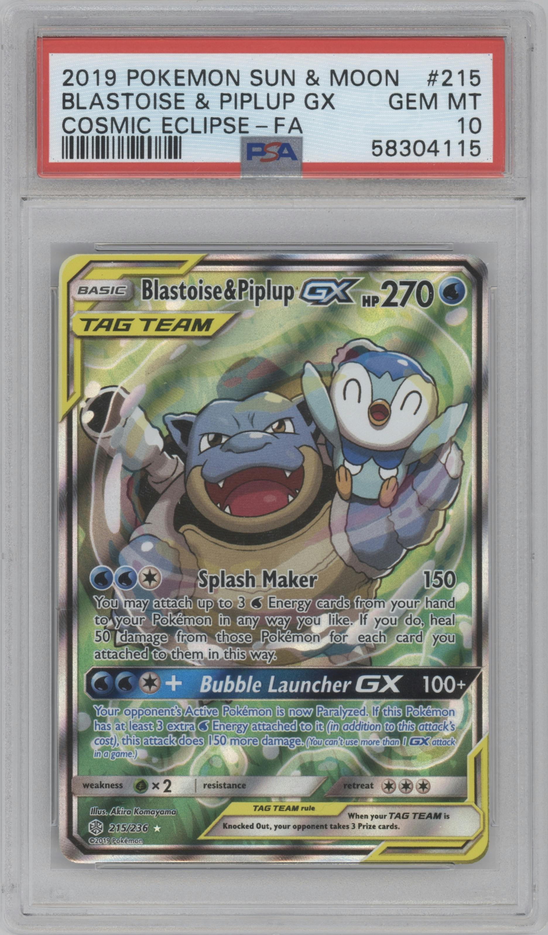 Blastoise/Piplup GX from the 2019 Pokemon S&M  set graded by PSA and given an overall grade of 10.