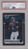 Jalen Hurts from the 2020 Panini Donruss set featuring a Season Stat Line parallel graded by PSA and given an overall grade of 10.