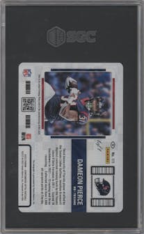 Dameon Pierce from the 2022 Panini Contenders Optic set featuring a Printing Plate Cyan parallel graded by SGC and given an overall grade of 0.