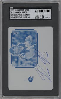 Dameon Pierce from the 2022 Panini Contenders Optic set featuring a Printing Plate Cyan parallel graded by SGC and given an overall grade of 0.