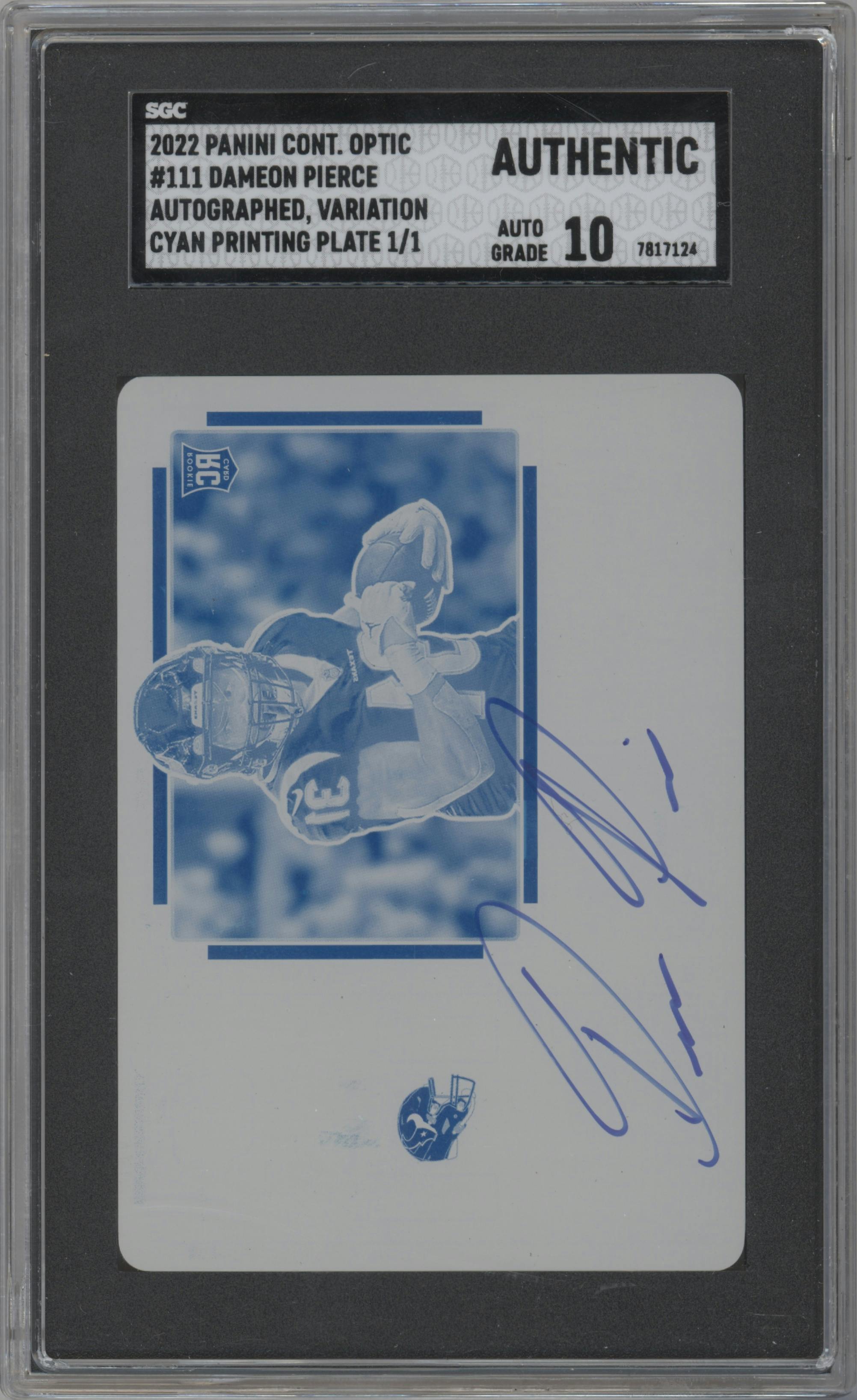 Dameon Pierce from the 2022 Panini Contenders Optic set featuring a Printing Plate Cyan parallel graded by SGC.