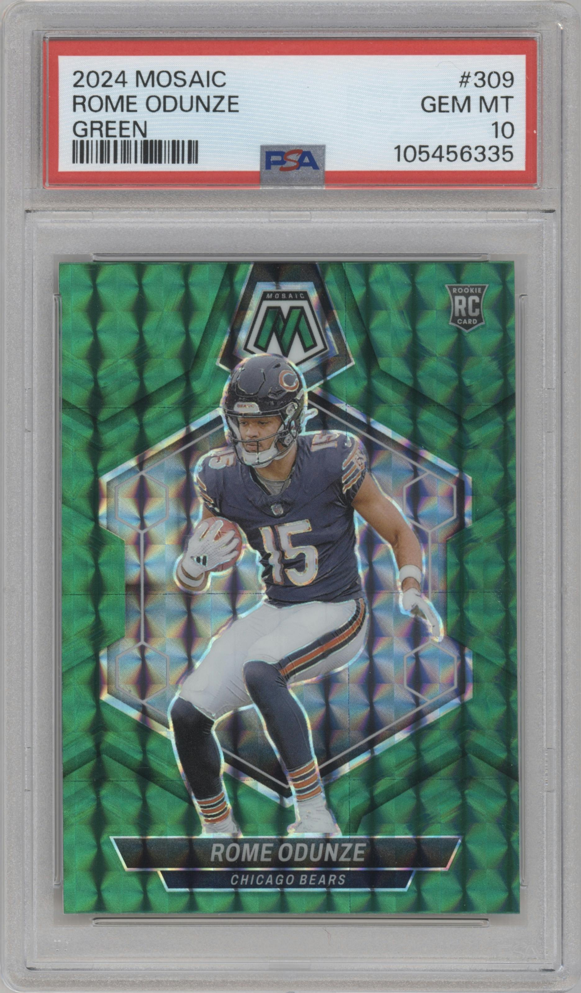 Rome Odunze from the 2024 Panini Mosaic set featuring a Green Mosaic parallel graded by PSA and given an overall grade of 10.