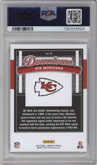 Joe Montana from the 2025 Panini Donruss set graded by PSA and given an overall grade of 10.