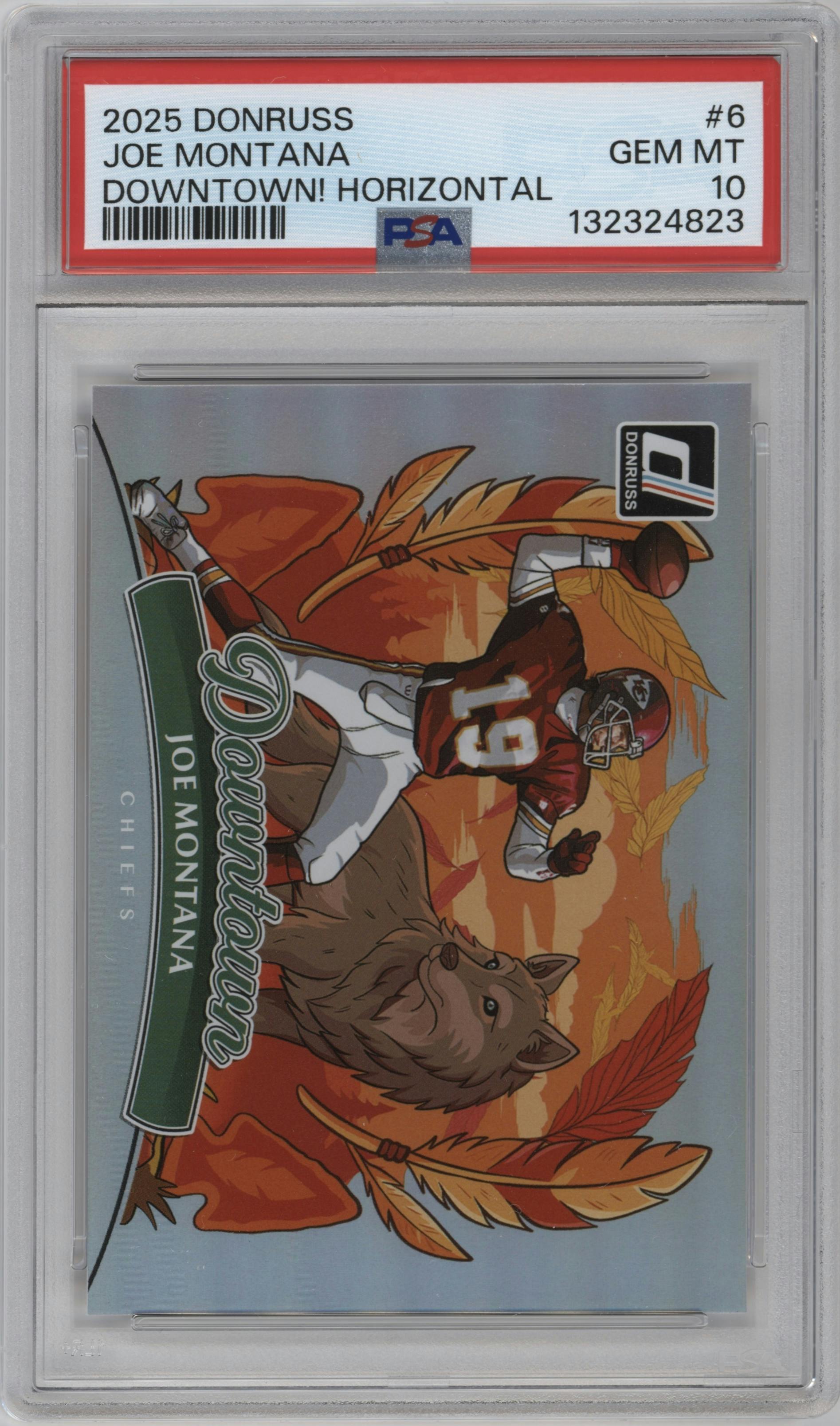 Joe Montana from the 2025 Panini Donruss set graded by PSA and given an overall grade of 10.