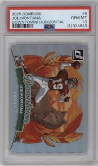 Joe Montana from the 2025 Panini Donruss set graded by PSA and given an overall grade of 10.