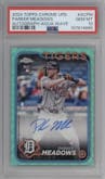 Parker Meadows from the 2024 Topps Chrome Update set featuring a Aqua Wave Refractor parallel graded by PSA and given an overall grade of 10.