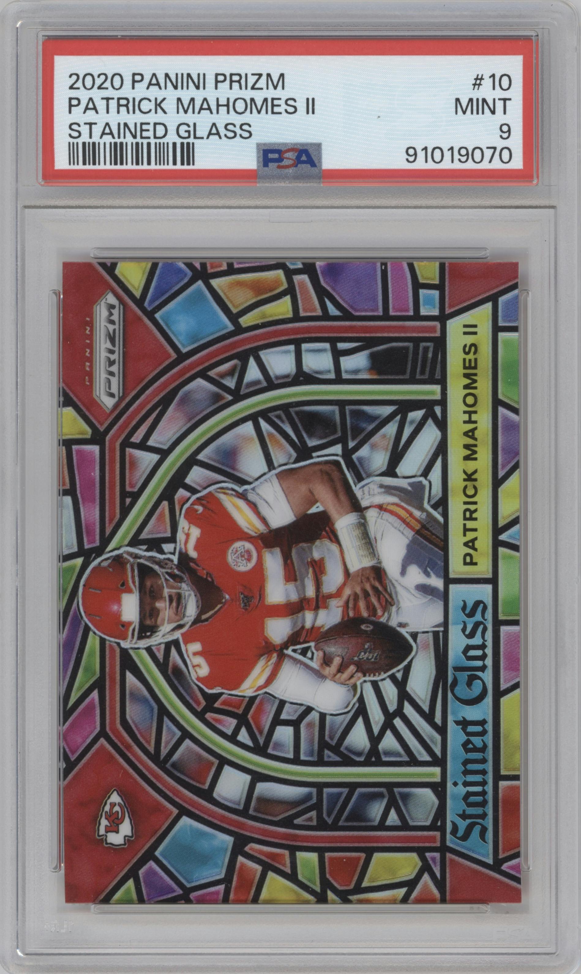 Patrick Mahomes II from the 2020 Panini Prizm set graded by PSA and given an overall grade of 9.