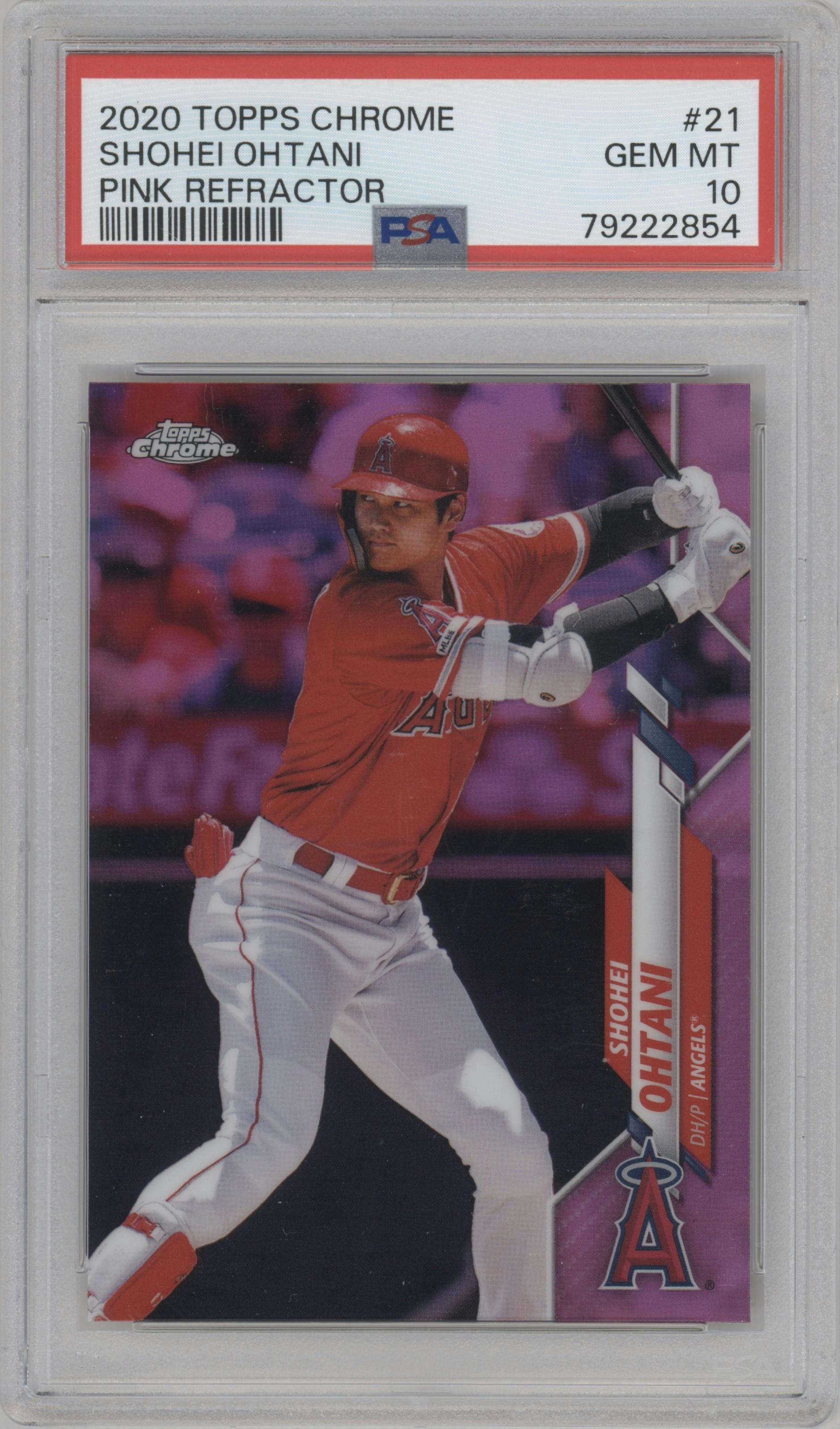 Shohei Ohtani from the 2020 Topps Chrome set featuring a Pink Refractor parallel graded by PSA and given an overall grade of 10.
