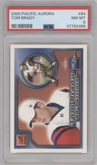 Tom Brady from the 2000 Pacific Aurora set graded by PSA and given an overall grade of 8.