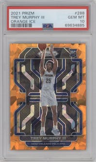 Trey Murphy III from the 2021-22 Panini Prizm  set featuring a Orange Ice parallel graded by PSA and given an overall grade of 10.
