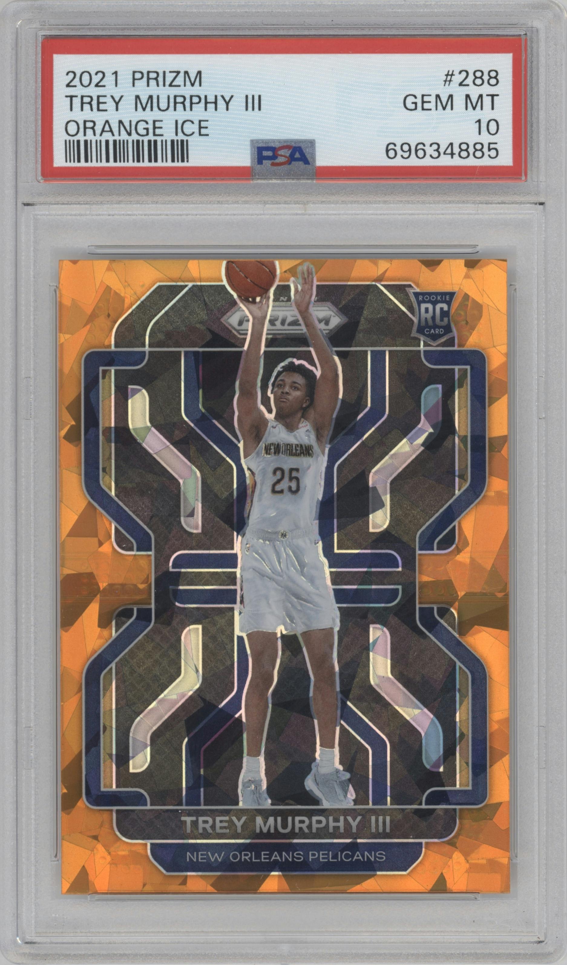 Trey Murphy III from the 2021-22 Panini Prizm  set featuring a Orange Ice parallel graded by PSA and given an overall grade of 10.