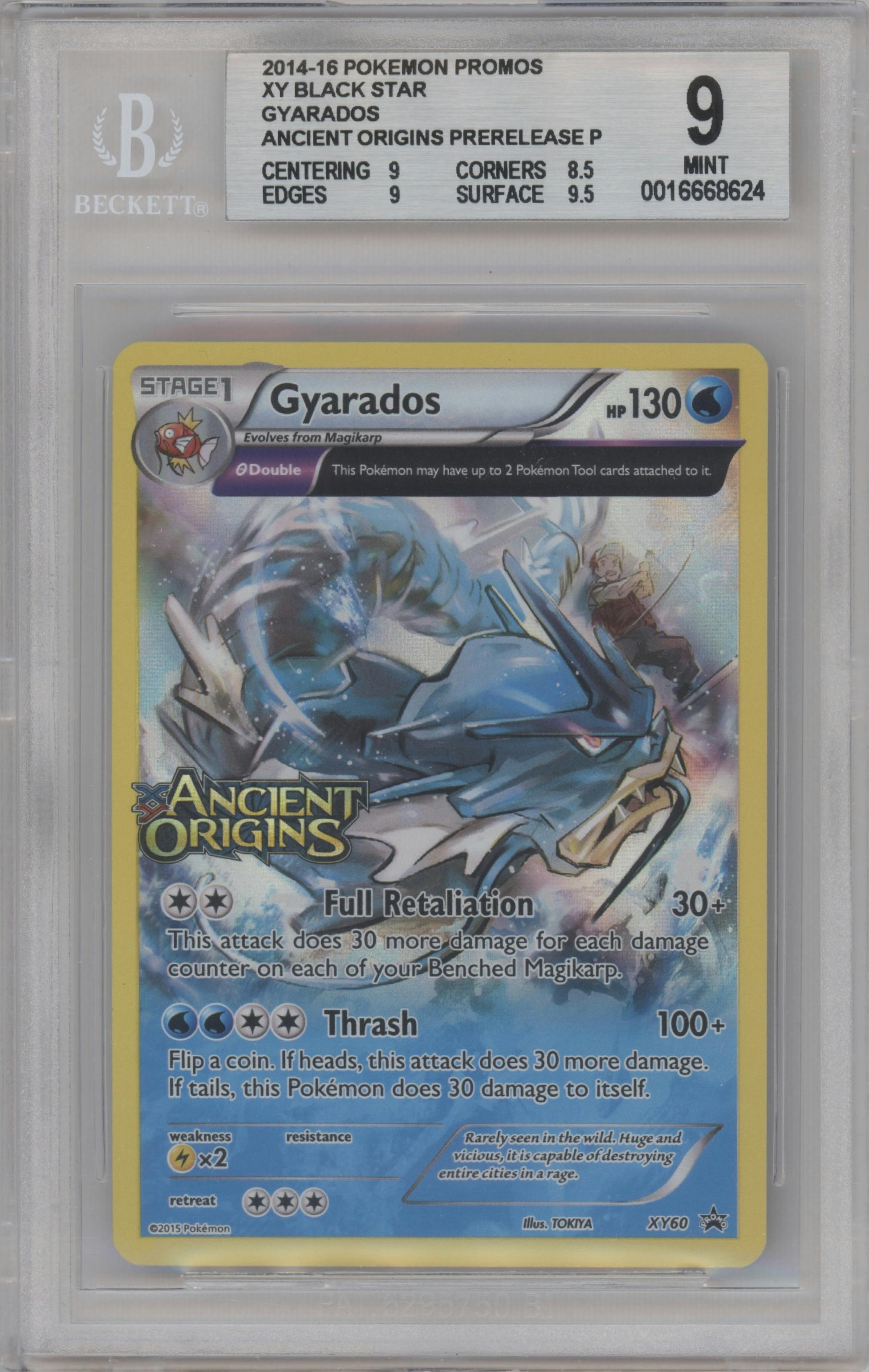 Gyarados from the 2014 Pokemon XY set featuring a Ancient Origins Prerelease parallel graded by Beckett and given an overall grade of 9.