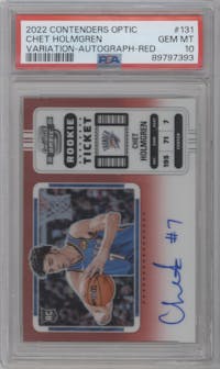 Chet Holmgren from the 2022-23 Panini Contenders Optic set featuring a Red parallel graded by PSA and given an overall grade of 10.