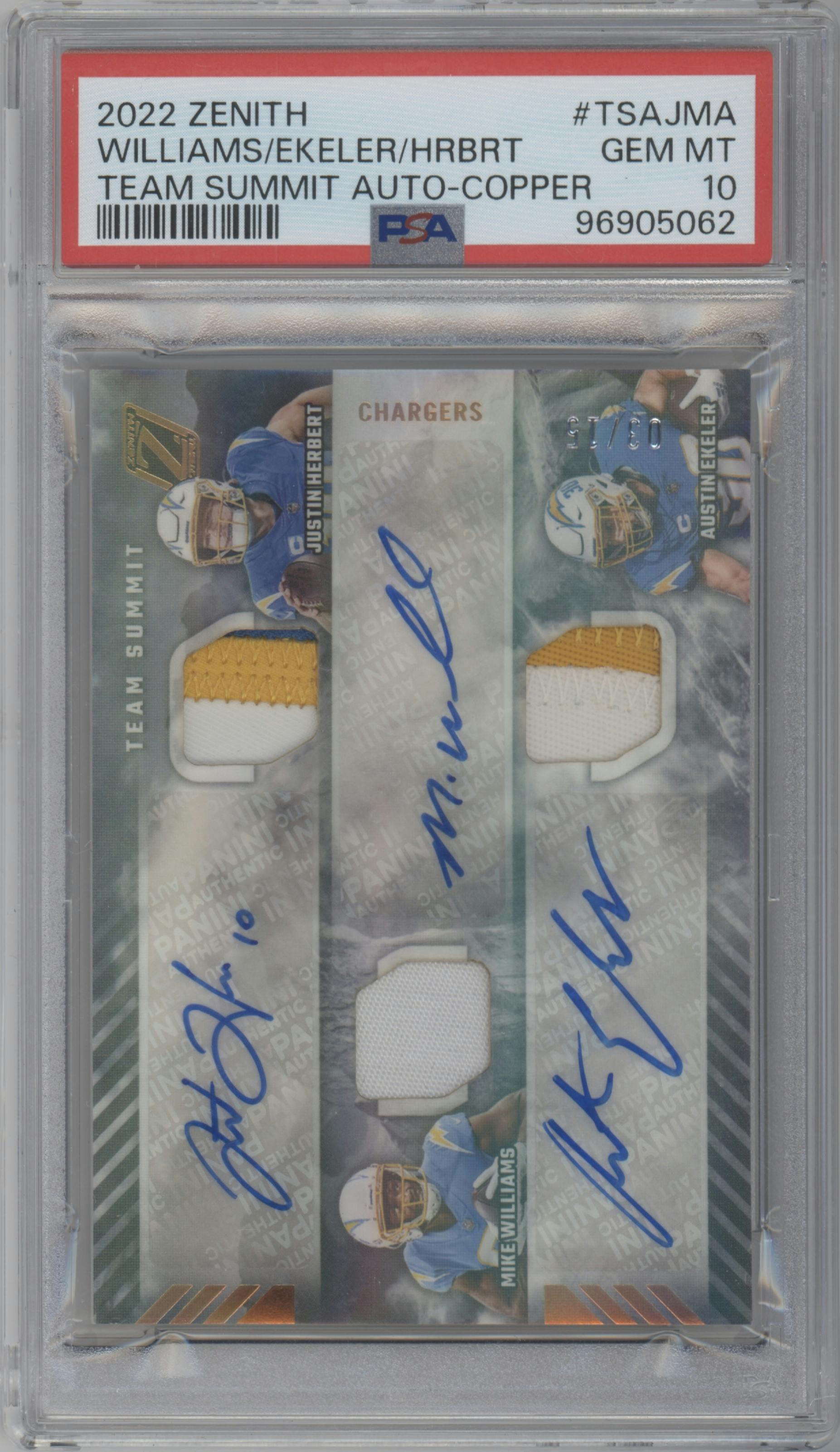 Justin Herbert/Mike Williams/Austin Ekeler from the 2022 Panini Zenith set featuring a Copper parallel graded by PSA and given an overall grade of 10.
