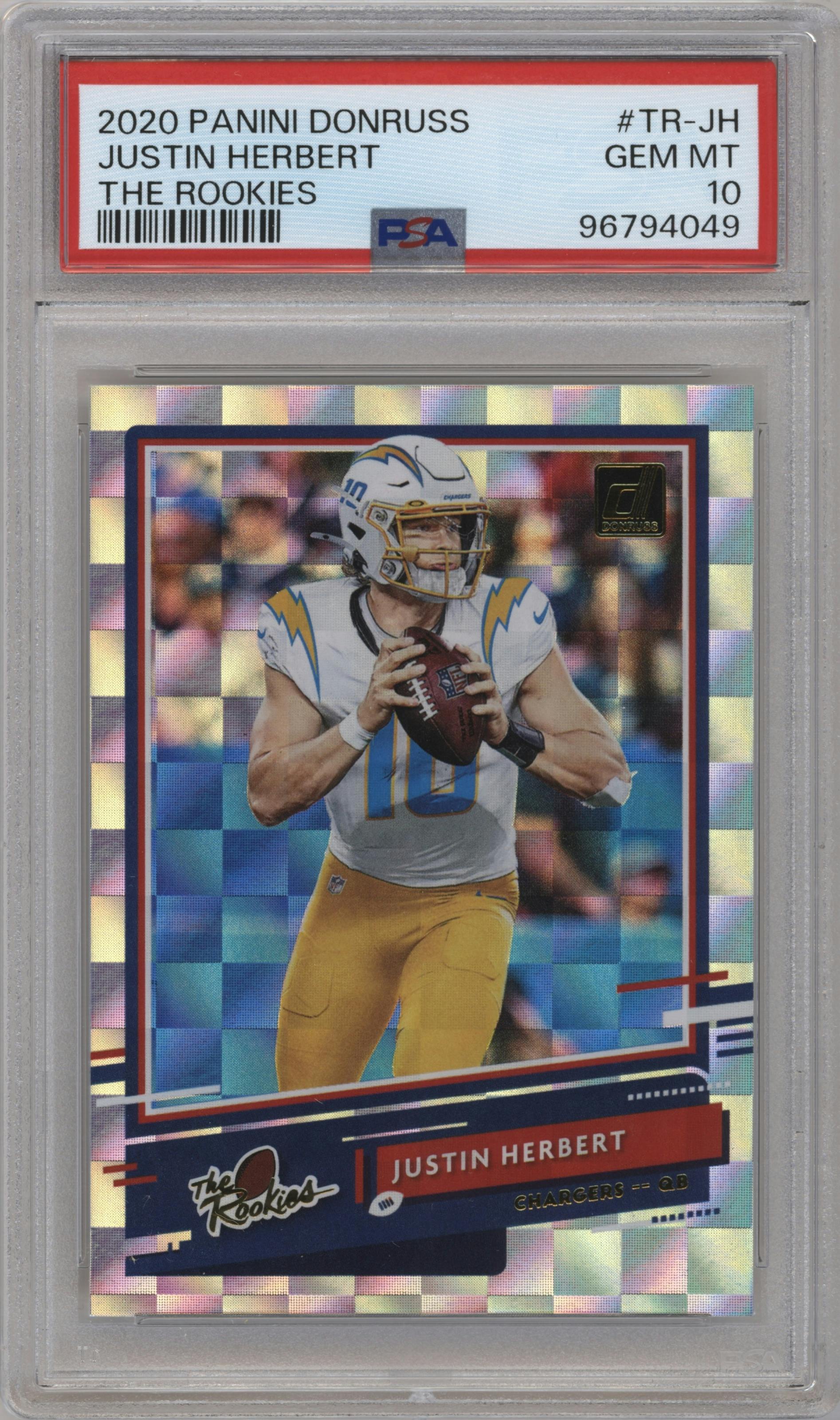 Justin Herbert from the 2020 Panini Donruss set graded by PSA and given an overall grade of 10.