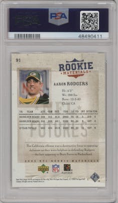 Aaron Rodgers from the 2005 Upper Deck Rookie Materials set graded by PSA and given an overall grade of 10.