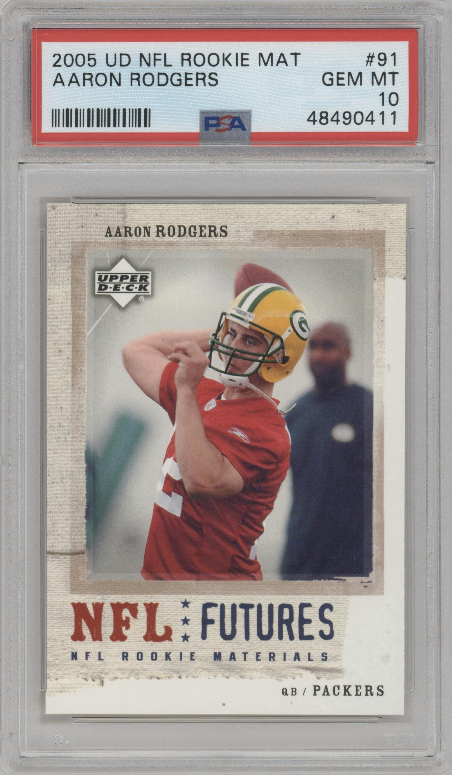 Aaron Rodgers from the 2005 Upper Deck Rookie Materials set graded by PSA and given an overall grade of 10.