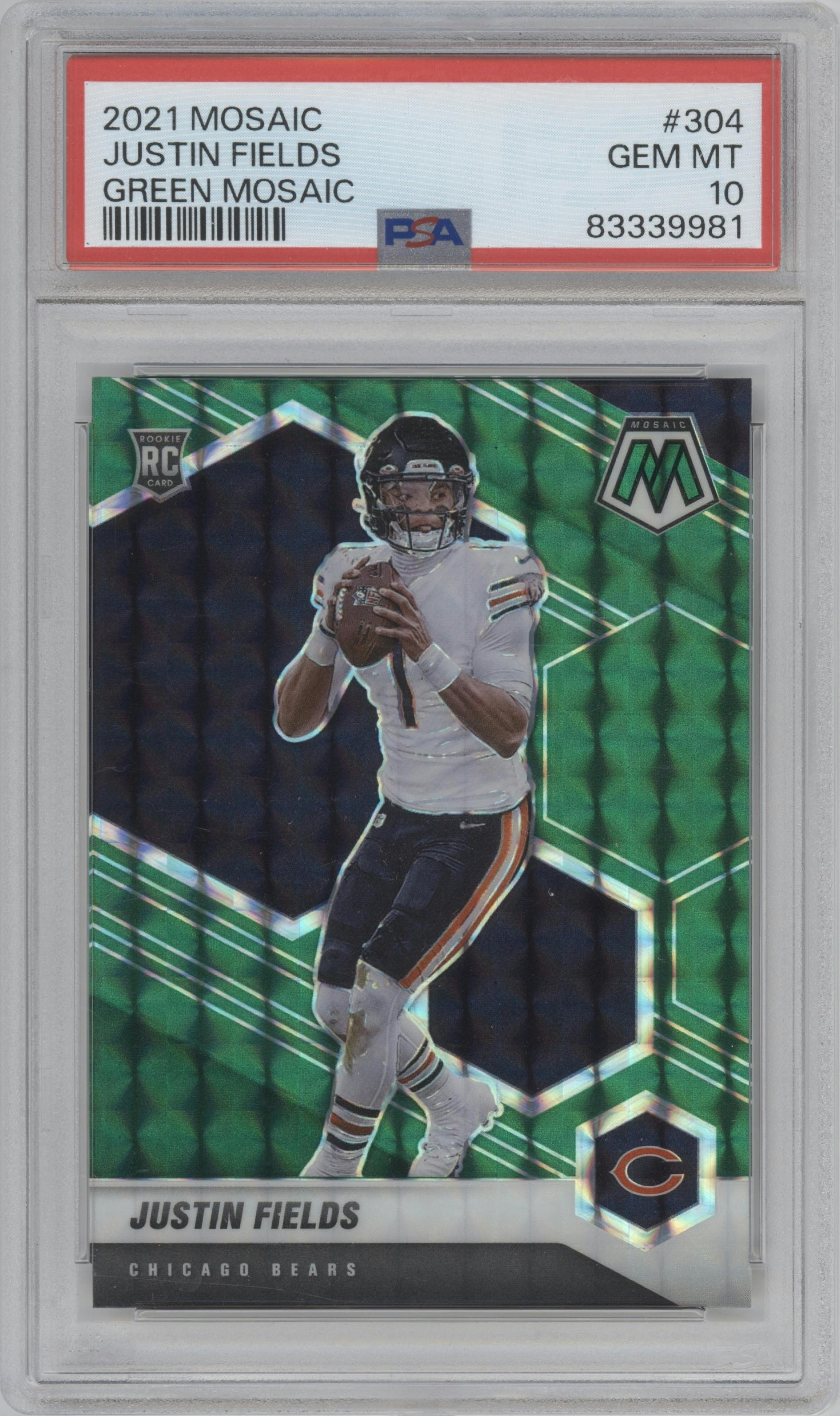 Justin Fields from the 2021 Panini Mosaic set featuring a Green Mosaic parallel graded by PSA and given an overall grade of 10.