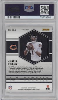 Justin Fields from the 2021 Panini Mosaic set featuring a Green Mosaic parallel graded by PSA and given an overall grade of 10.