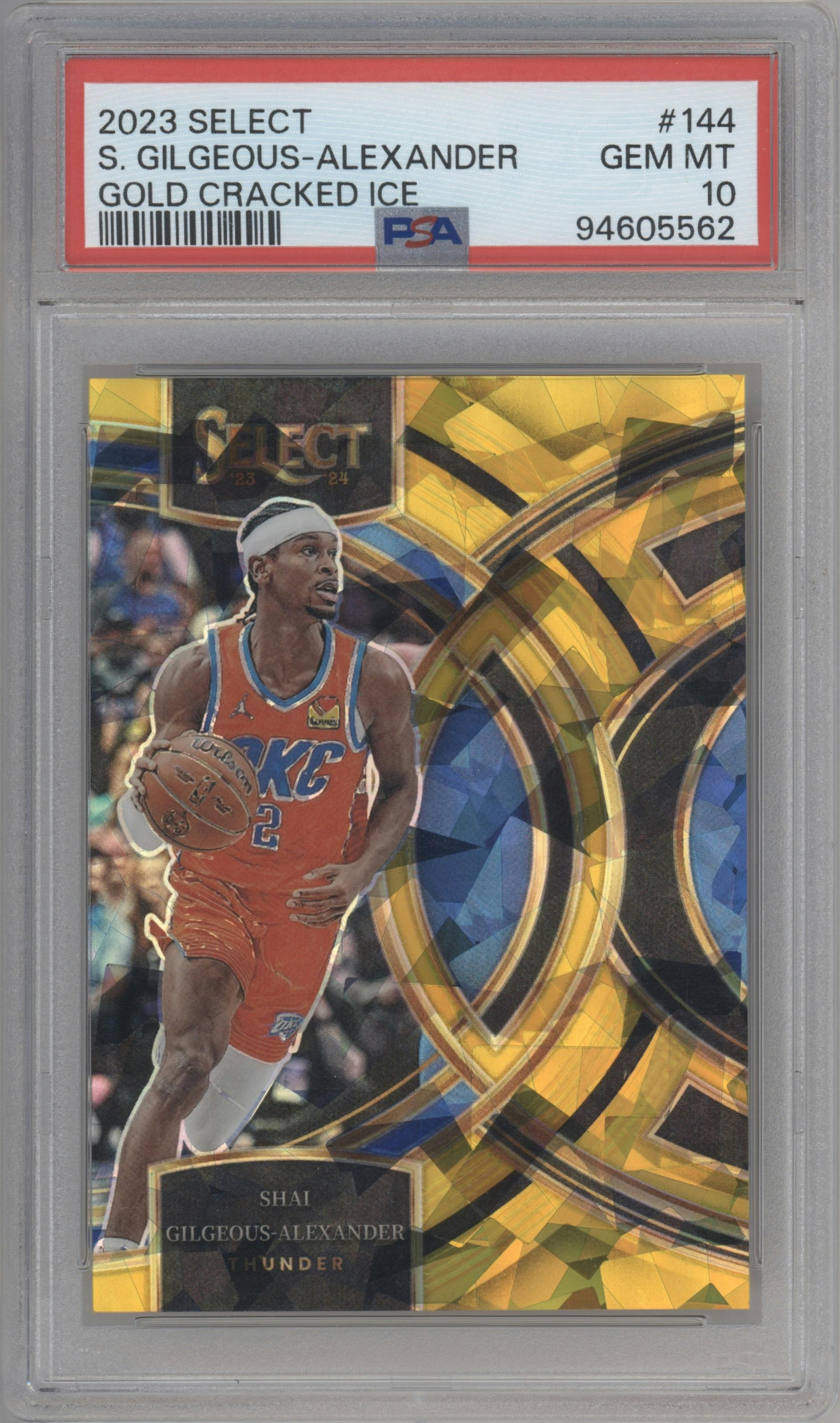 Shai Gilgeous-Alexander from the 2023-24 Panini Select  set featuring a Gold Cracked Ice parallel graded by PSA and given an overall grade of 10.