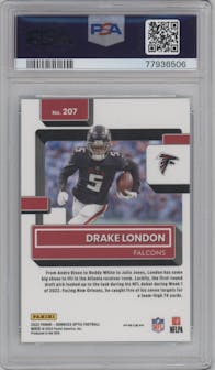 Drake London from the 2022 Panini Donruss Optic set featuring a Teal Velocity parallel graded by PSA and given an overall grade of 10.
