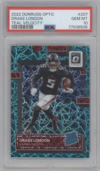 Drake London from the 2022 Panini Donruss Optic set featuring a Teal Velocity parallel graded by PSA and given an overall grade of 10.
