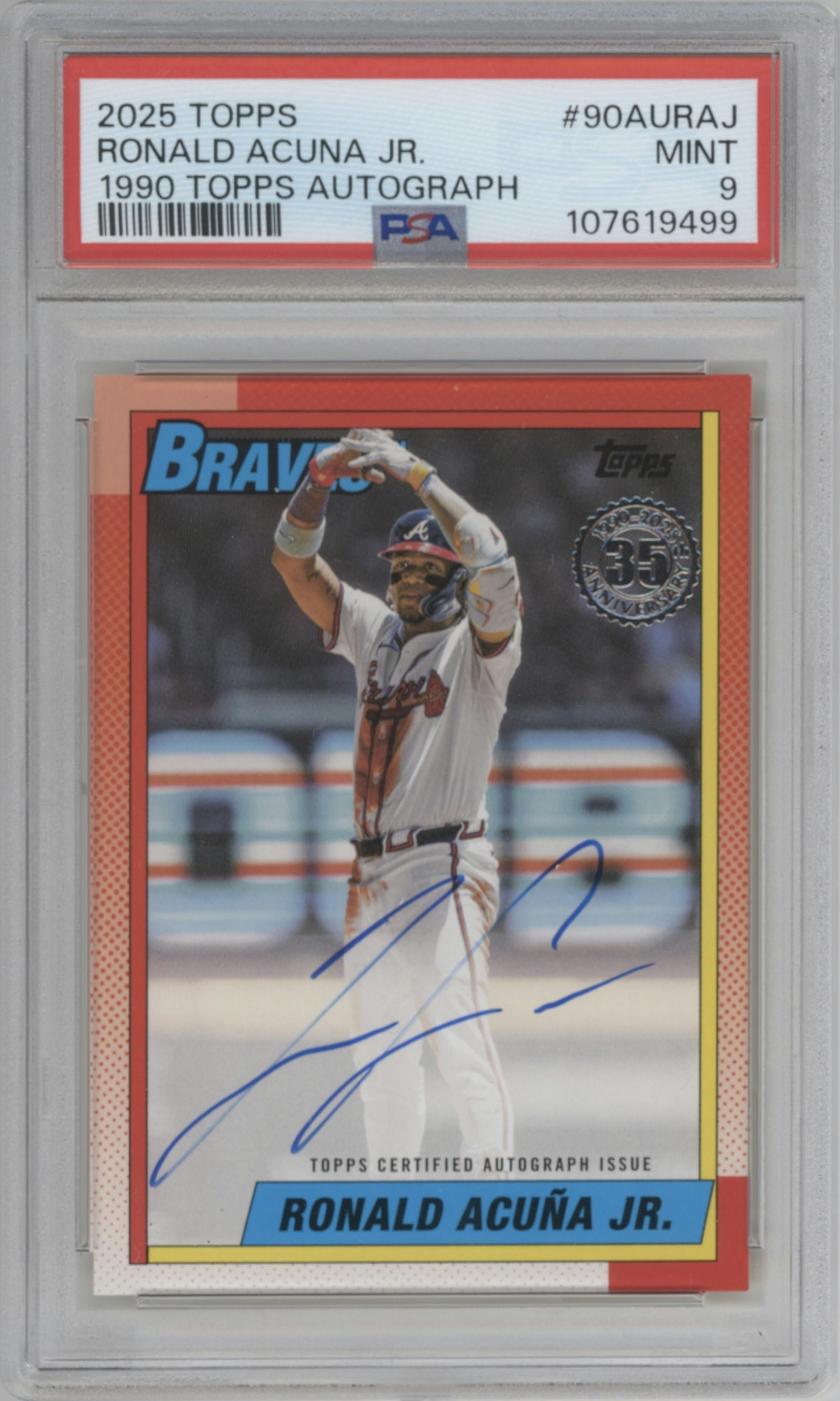 Ronald Acuna Jr. from the 2025 Topps set graded by PSA and given an overall grade of 9.