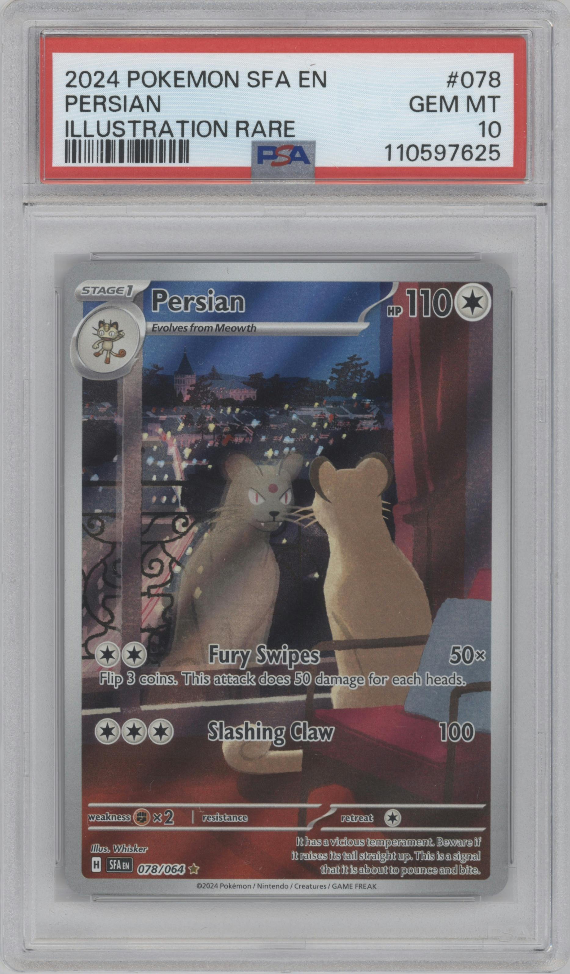 Persian from the 2024 Pokemon SV set graded by PSA and given an overall grade of 10.
