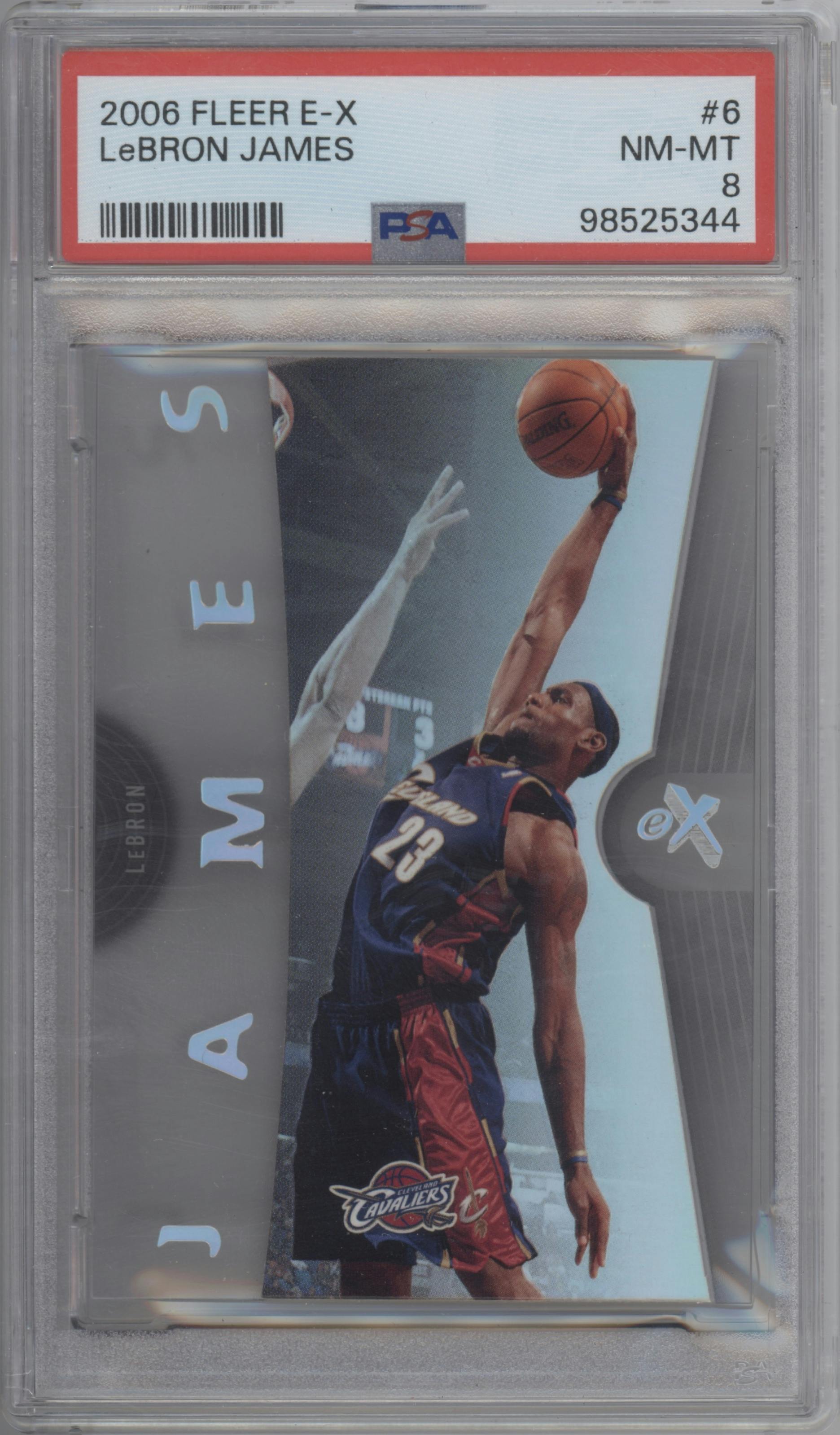 LeBron James from the 2006-07 Fleer E-X set graded by PSA and given an overall grade of 8.