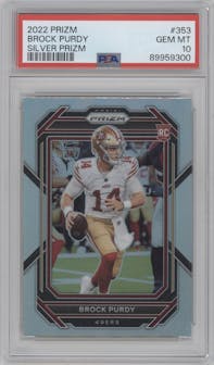 Brock Purdy from the 2022 Panini Prizm set featuring a Silver Prizm parallel graded by PSA and given an overall grade of 10.