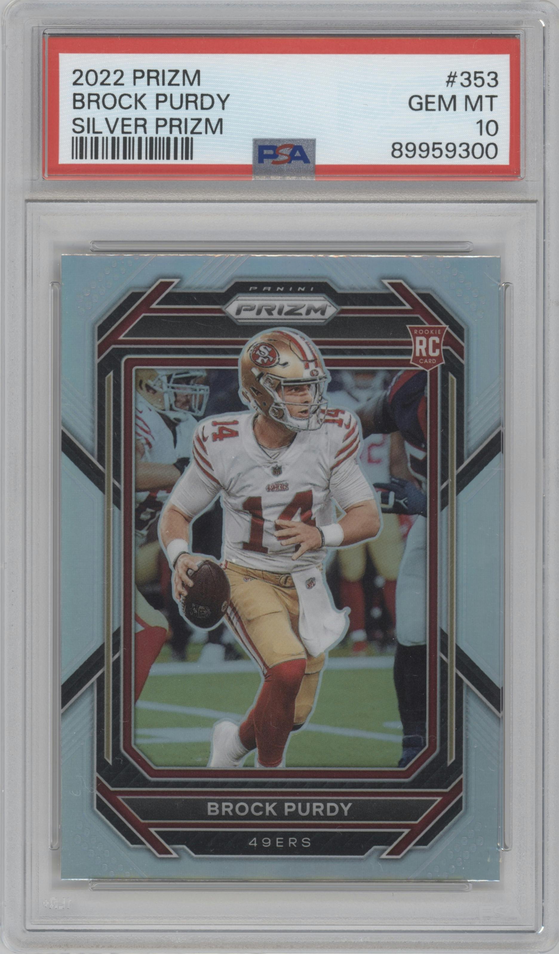 Brock Purdy from the 2022 Panini Prizm set featuring a Silver Prizm parallel graded by PSA and given an overall grade of 10.
