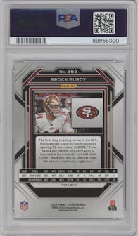 Brock Purdy from the 2022 Panini Prizm set featuring a Silver Prizm parallel graded by PSA and given an overall grade of 10.