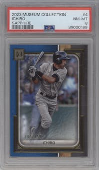 Ichiro from the 2023 Topps Museum Collection set featuring a Sapphire parallel graded by PSA and given an overall grade of 8.