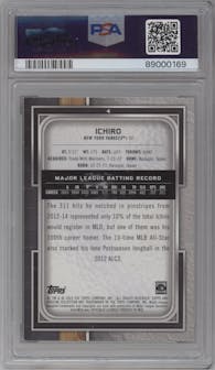 Ichiro from the 2023 Topps Museum Collection set featuring a Sapphire parallel graded by PSA and given an overall grade of 8.