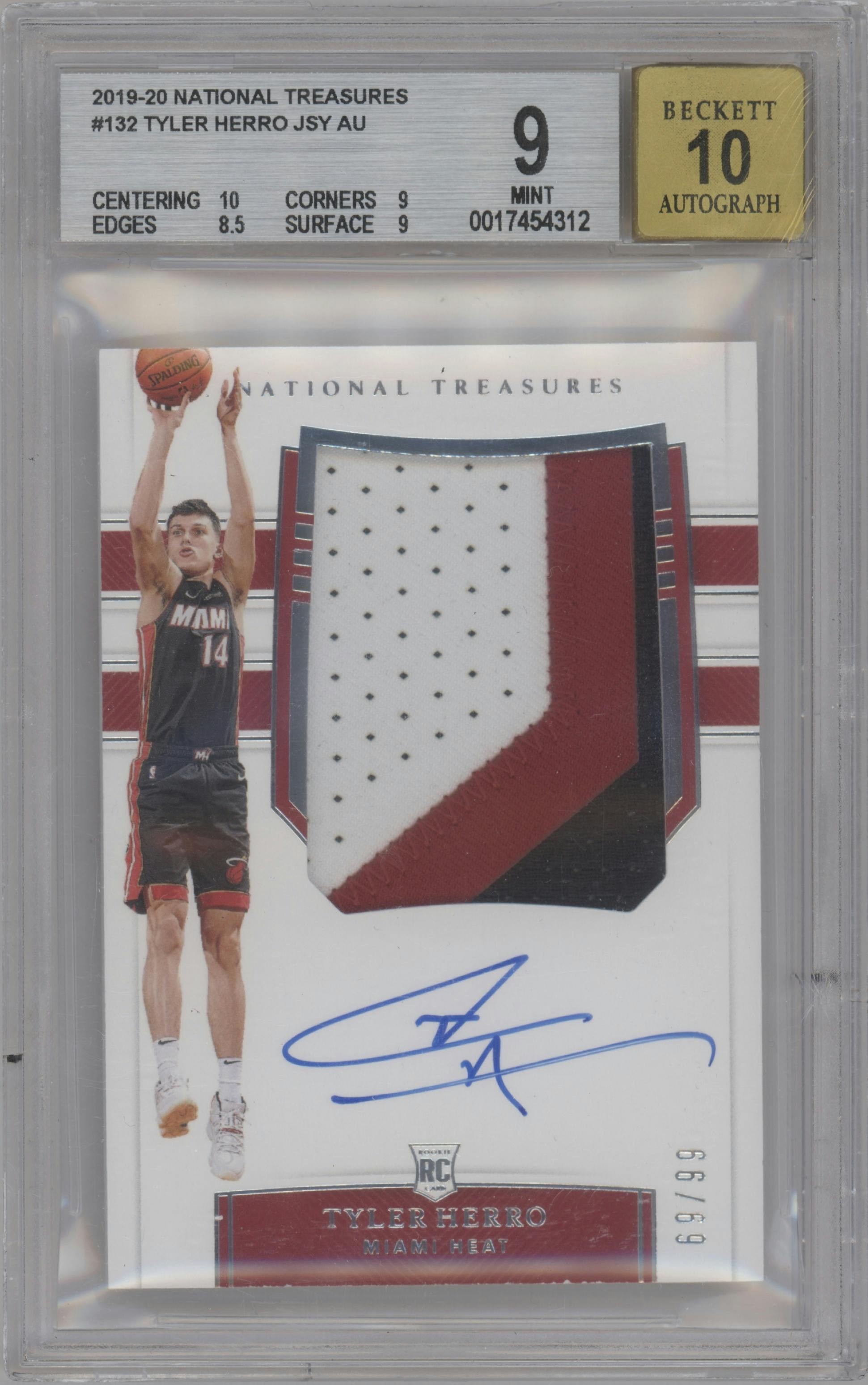 Tyler Herro from the 2019-20 Panini National Treasures Basketball set graded by Beckett and given an overall grade of 9.